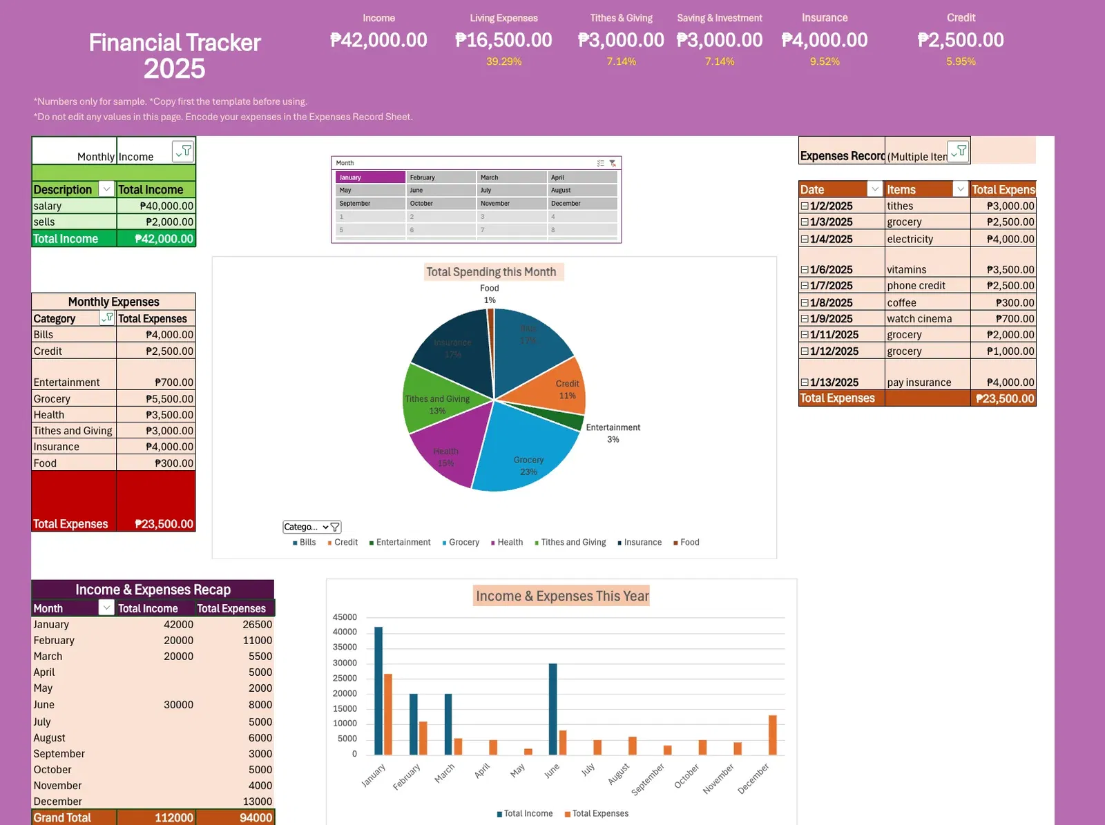 Financial Tracker - Template for Yearly (Track your Income & Expenses)